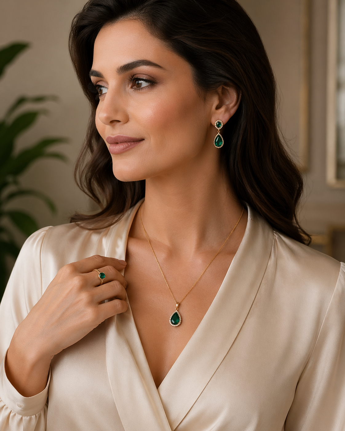 Model wearing emerald jewelry lifestyle image 1