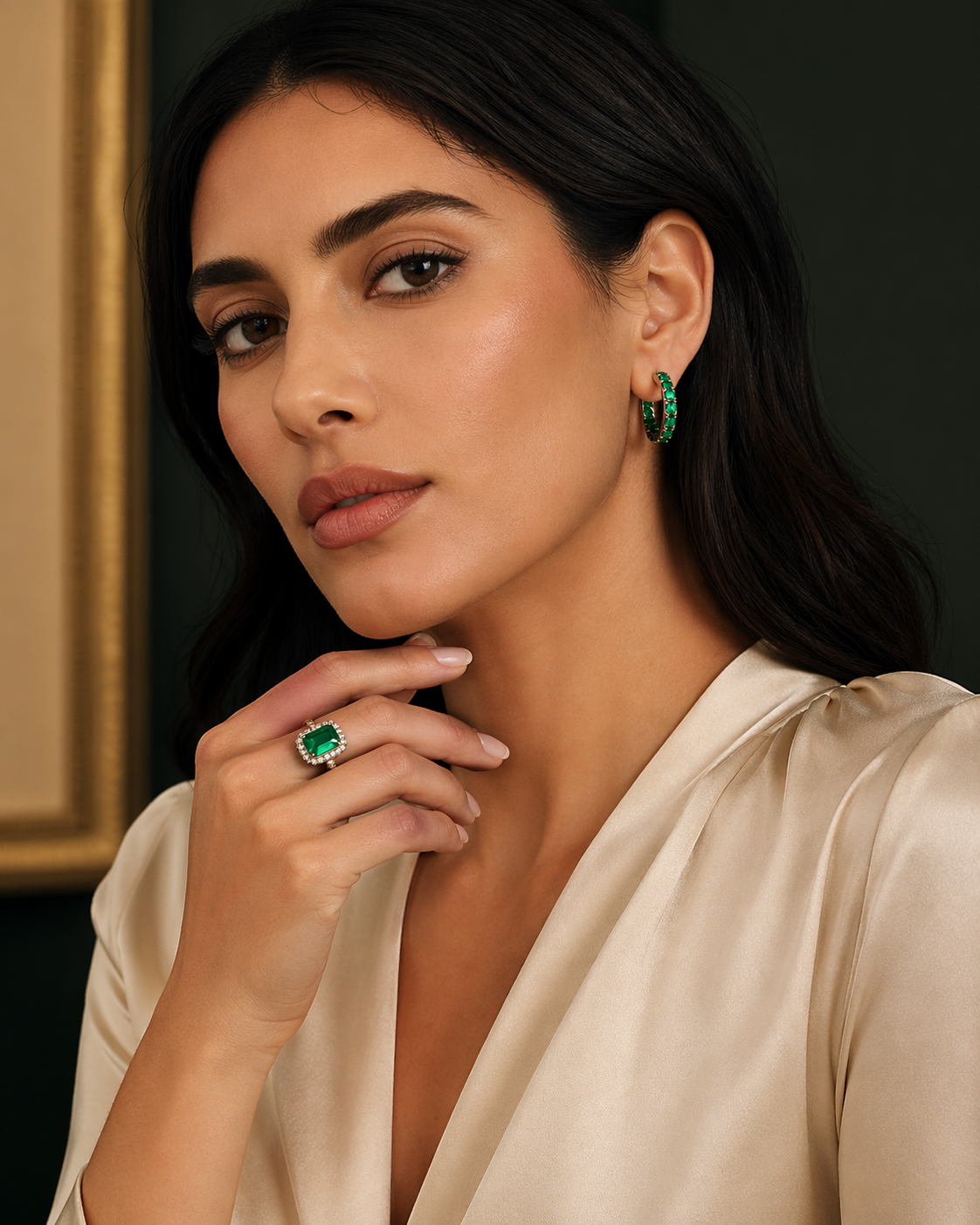Model wearing emerald jewelry lifestyle image 5