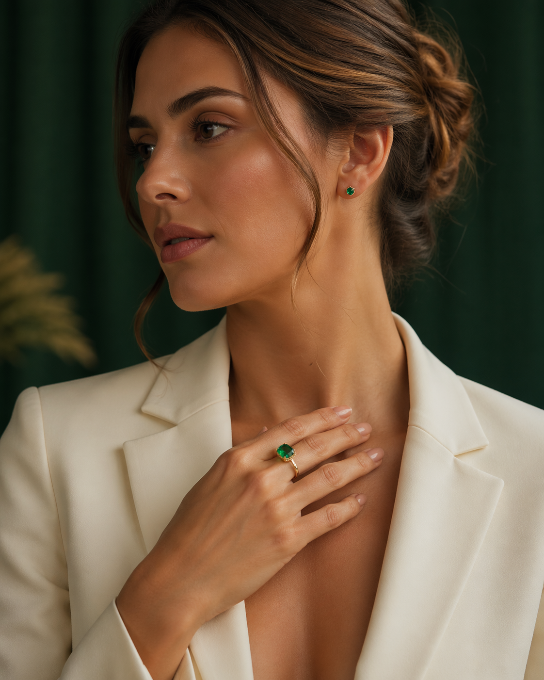 Model wearing emerald jewelry lifestyle image 7