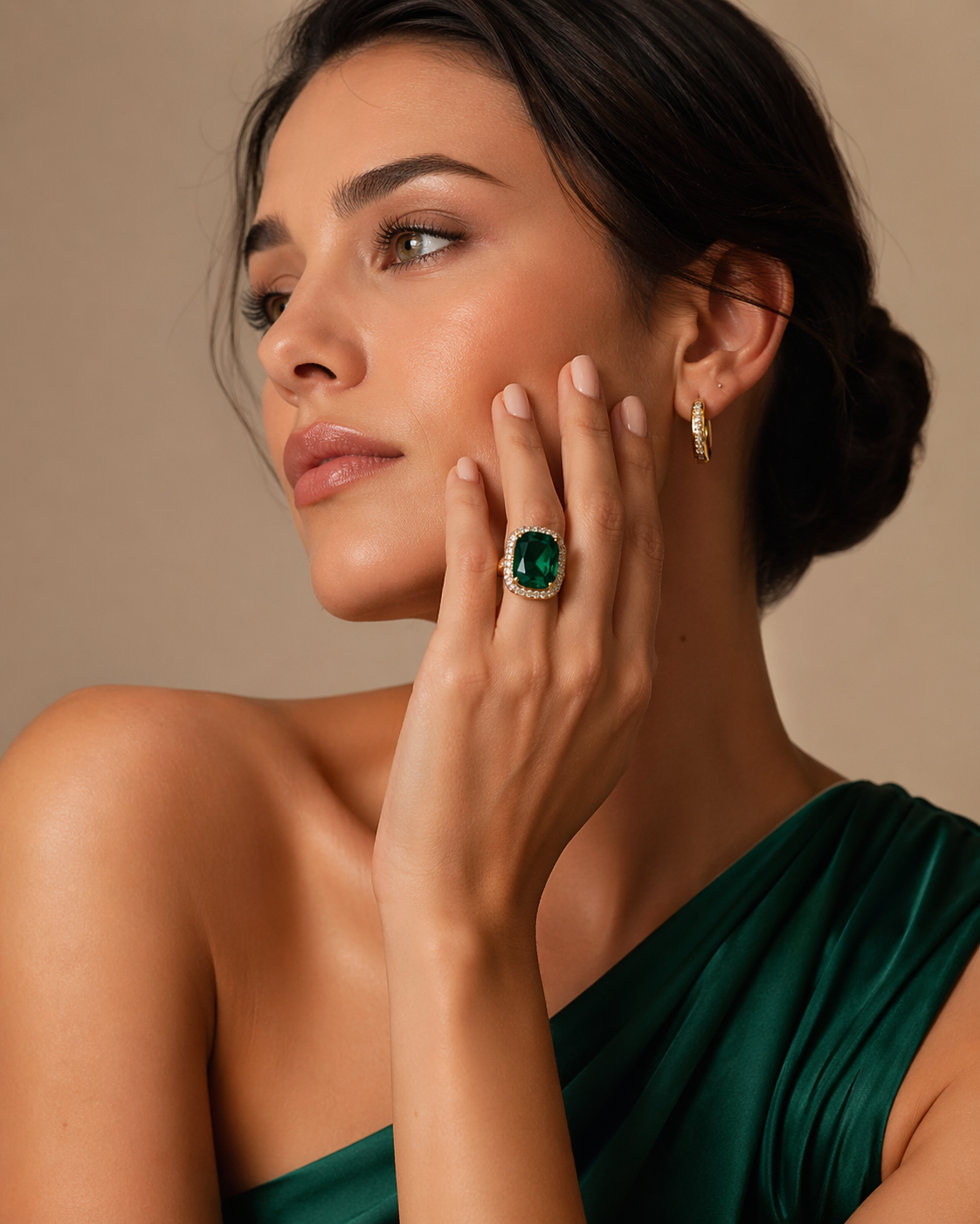 Model wearing emerald jewelry lifestyle image 9