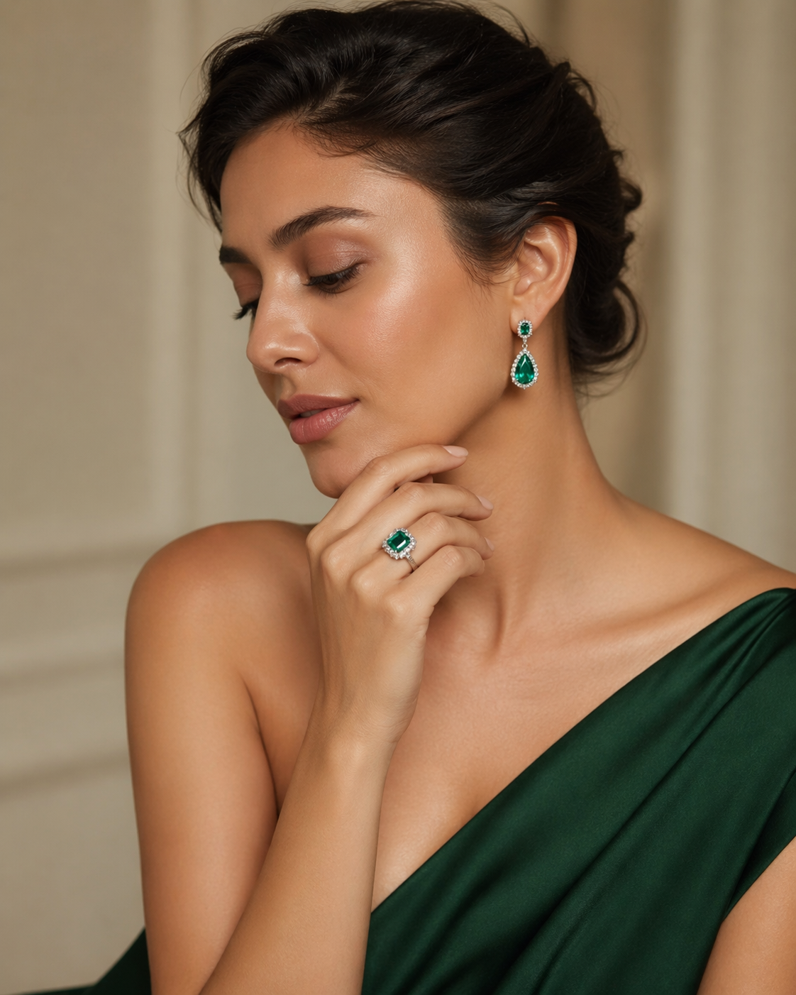 Model wearing emerald jewelry lifestyle image 10