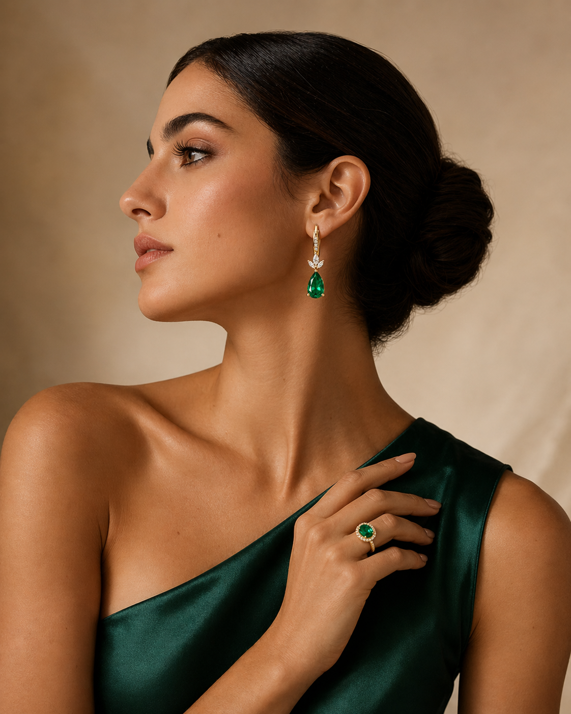 Model wearing emerald jewelry lifestyle image 11