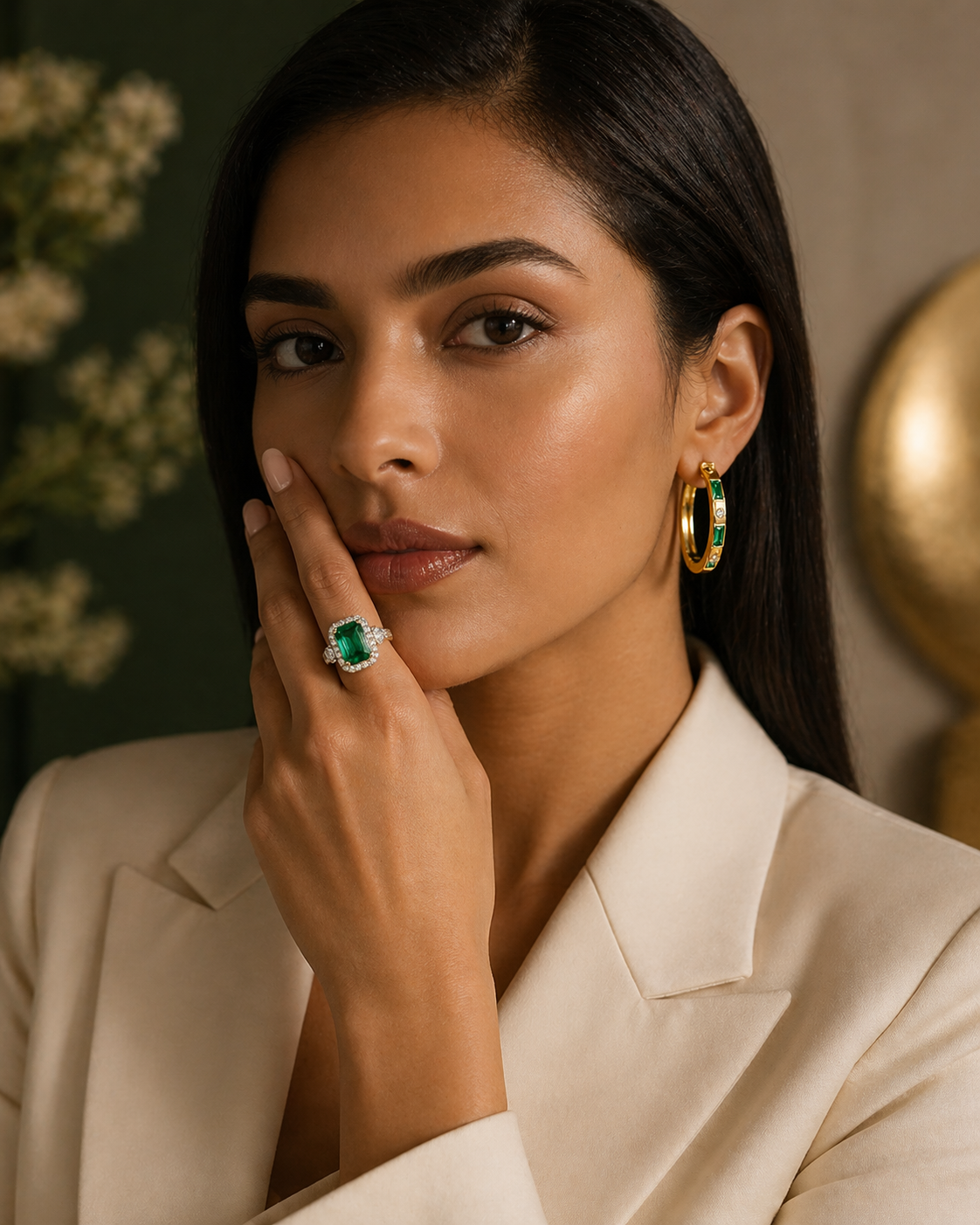 Model wearing emerald jewelry lifestyle image 13