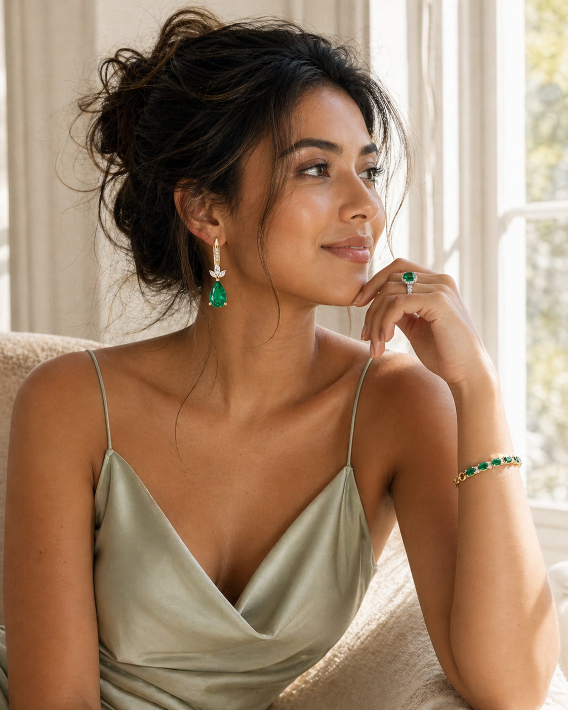 Model wearing emerald jewelry lifestyle image 14