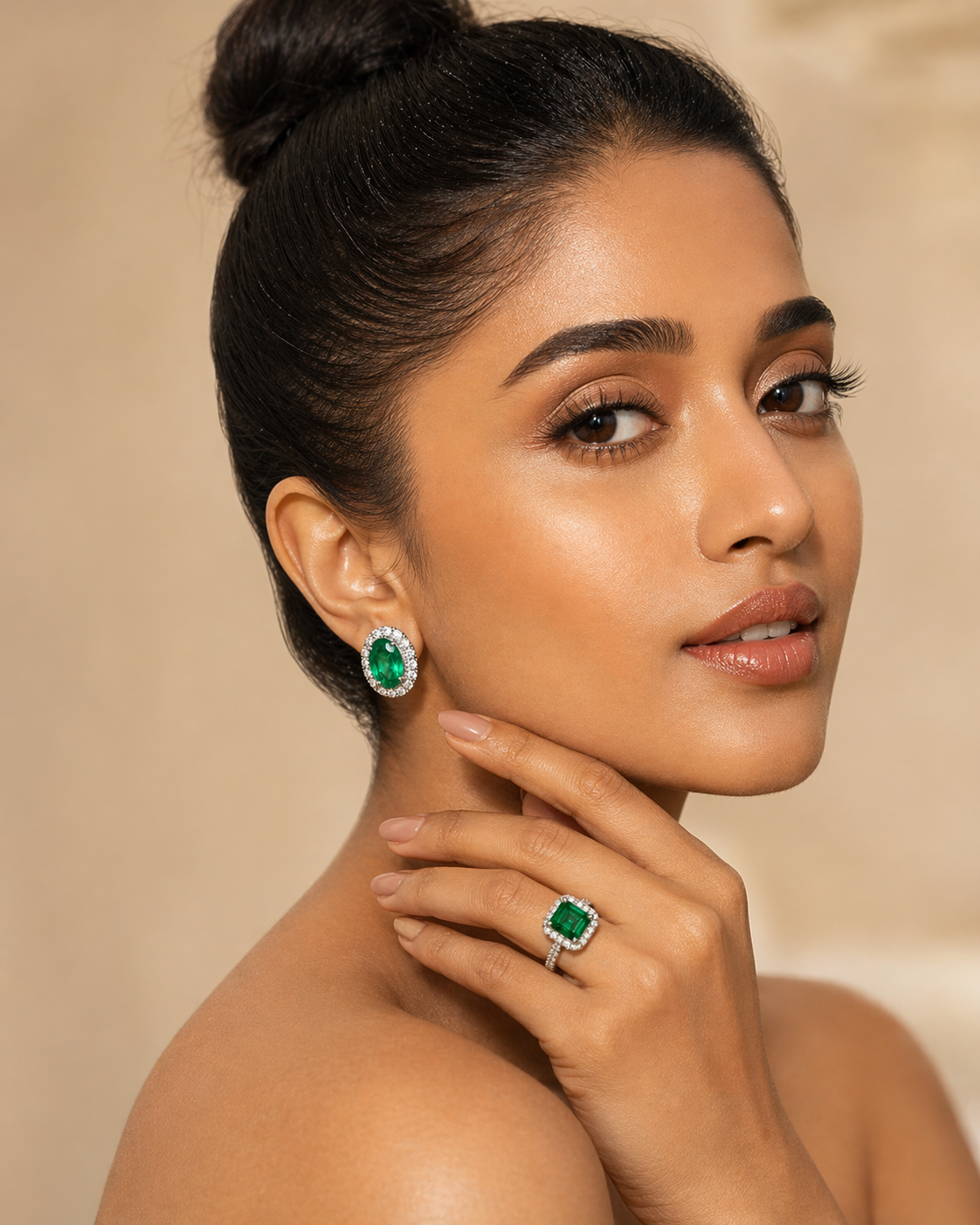 Model wearing emerald jewelry lifestyle image 16