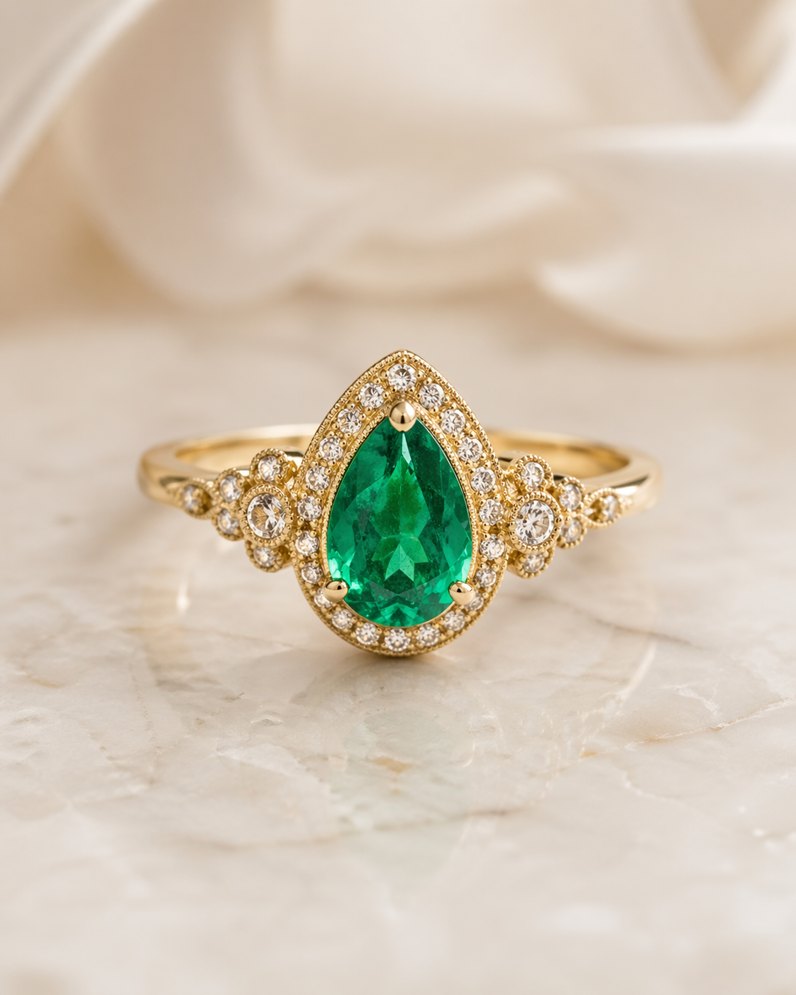 Pear Emerald Vintage Halo Ring in 18K Yellow Gold