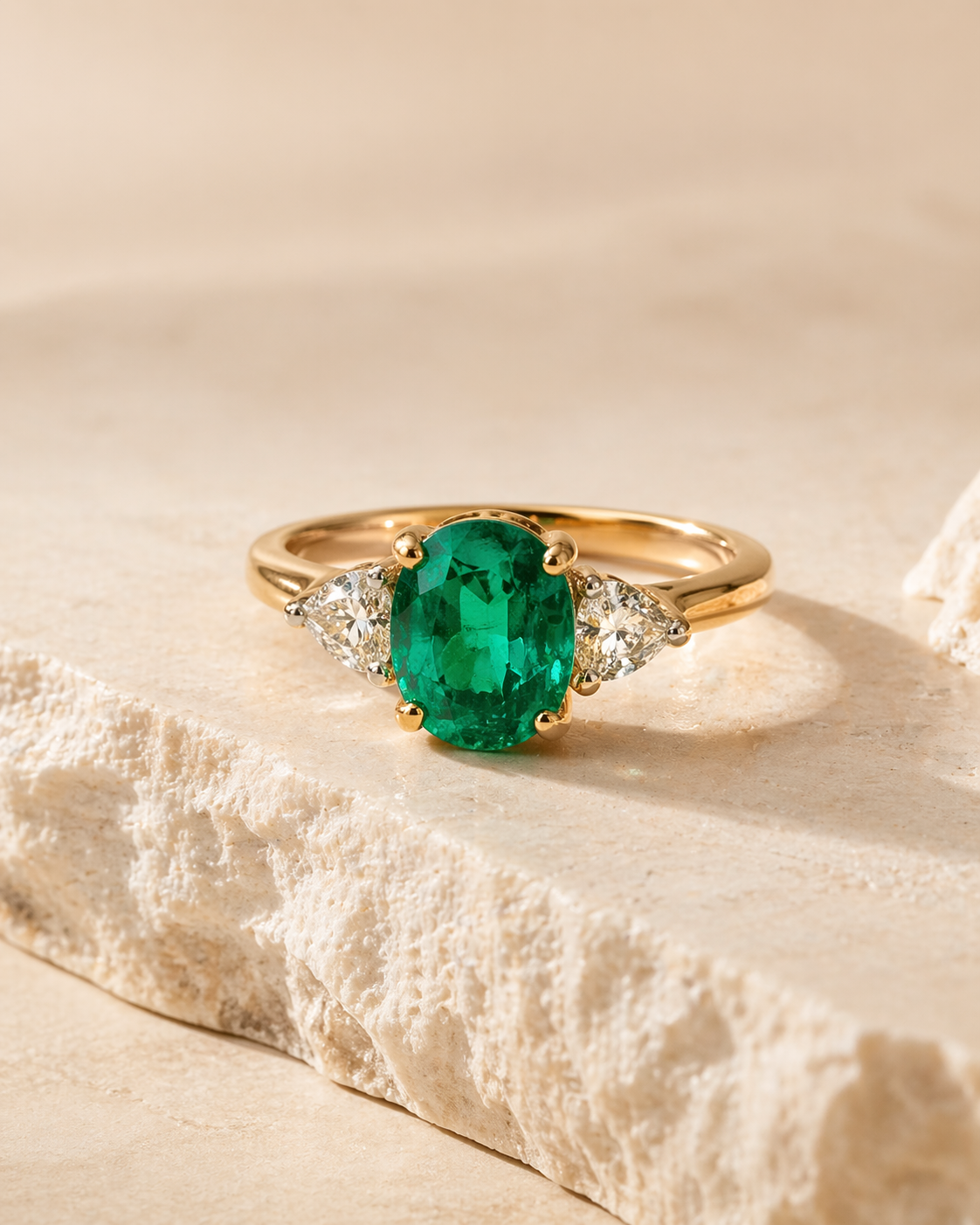 Cushion Emerald Three-Stone Ring in Platinum